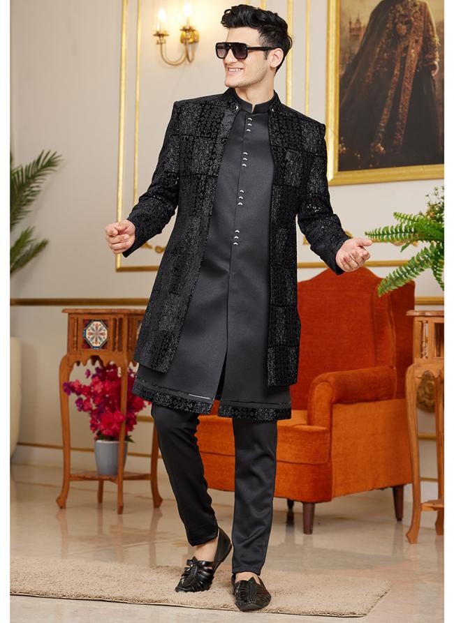 Art Silk Black Wedding Wear Thread Work Readymade Indo Western Sherwani